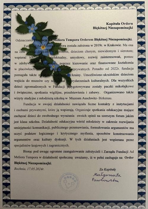Dyplom Kapituły Orderu Błękitnej Niezapominajki przyznany Fundacji Ad Meliora Tempora